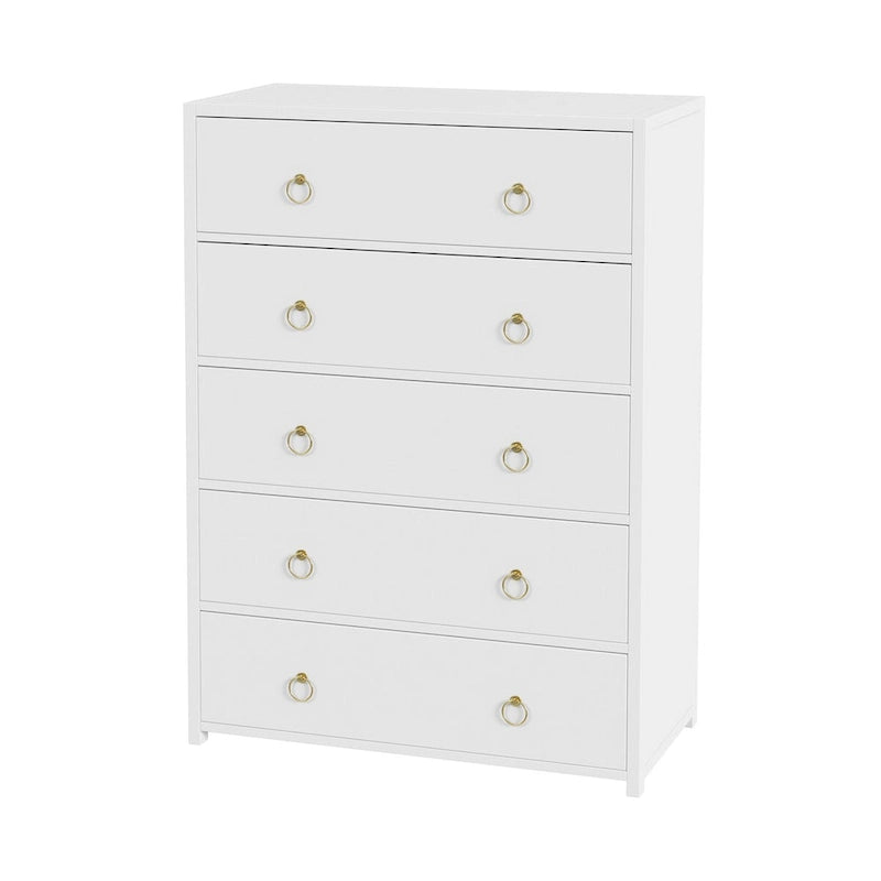 Commode 5 tiroirs en bois d'acacia massif avec poignées en anneau doré