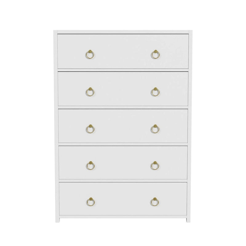 Commode 5 tiroirs en bois d'acacia massif avec poignées en anneau doré