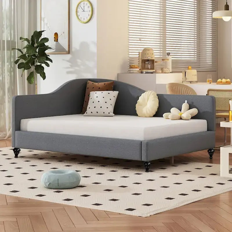 Lit de repos en lin rembourré semi-fermé en L avec pieds en bois massif, gris et beige