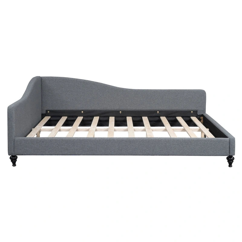 Lit de repos en lin rembourré semi-fermé en L avec pieds en bois massif, gris et beige