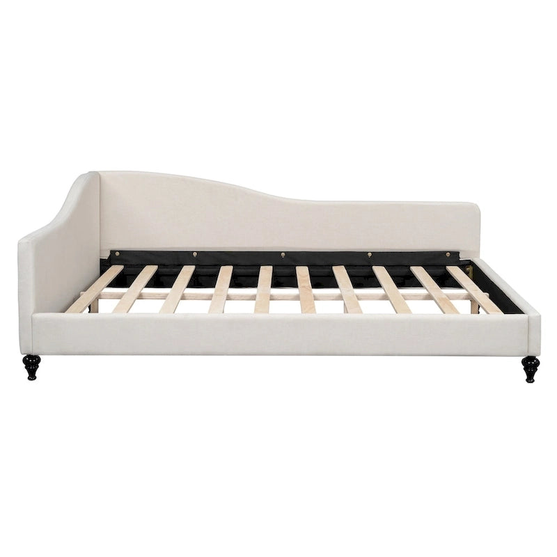 Lit de repos en lin rembourré semi-fermé en L avec pieds en bois massif, gris et beige