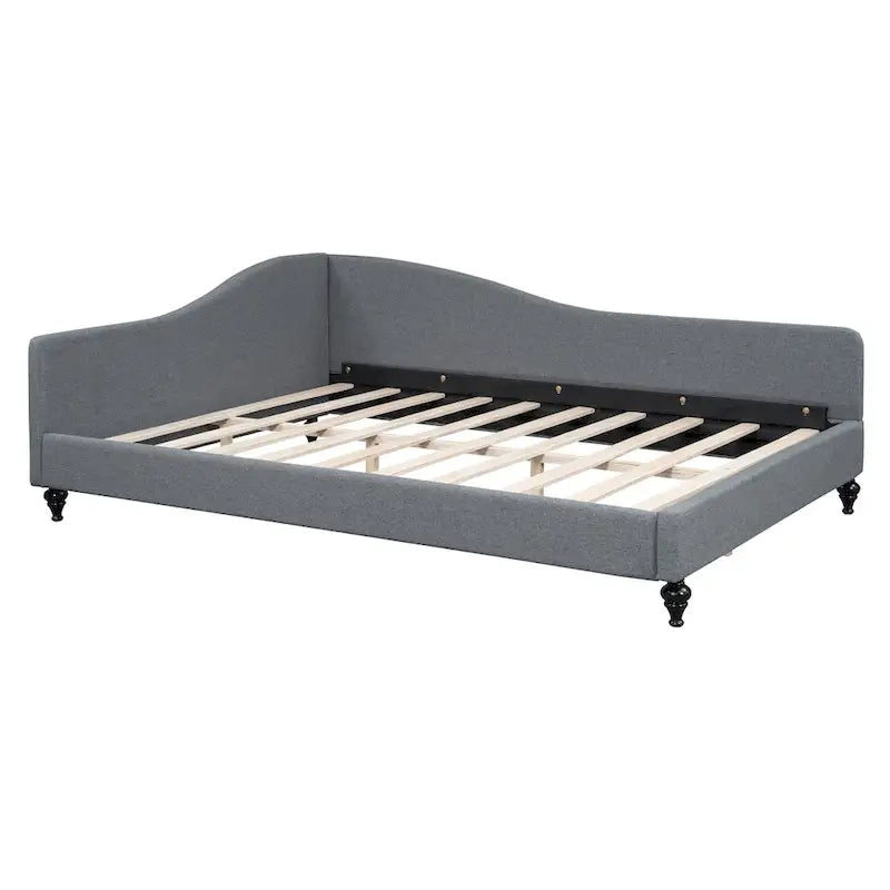 Lit de repos en lin rembourré semi-fermé en L avec pieds en bois massif, gris et beige
