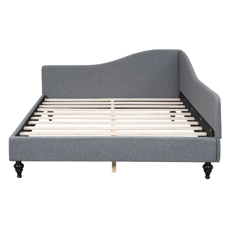 Lit de repos en lin rembourré semi-fermé en L avec pieds en bois massif, gris et beige