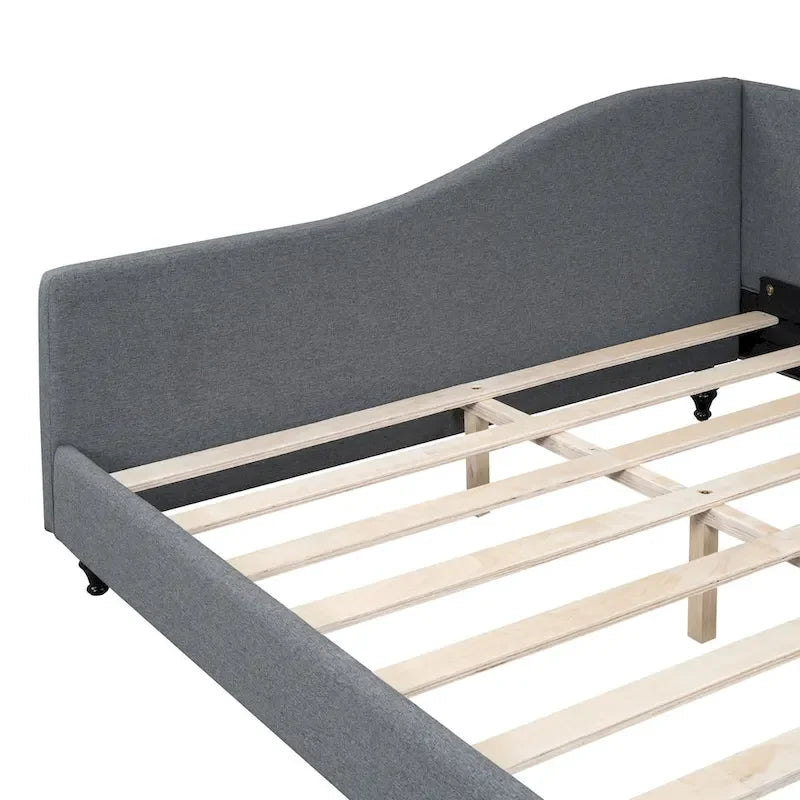 Lit de repos en lin rembourré semi-fermé en L avec pieds en bois massif, gris et beige