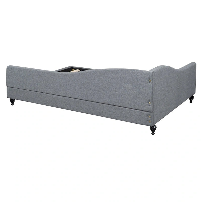Lit de repos en lin rembourré semi-fermé en L avec pieds en bois massif, gris et beige