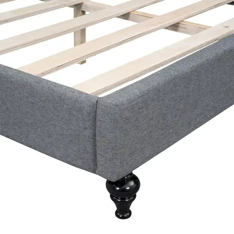 Lit de repos en lin rembourré semi-fermé en L avec pieds en bois massif, gris et beige
