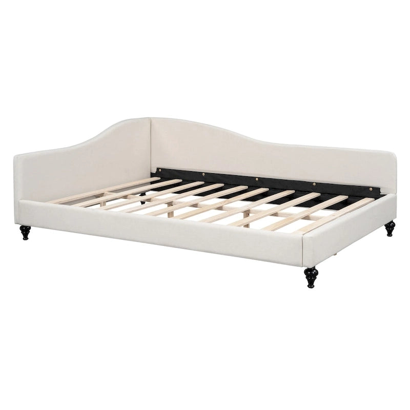 Lit de repos en lin rembourré semi-fermé en L avec pieds en bois massif, gris et beige