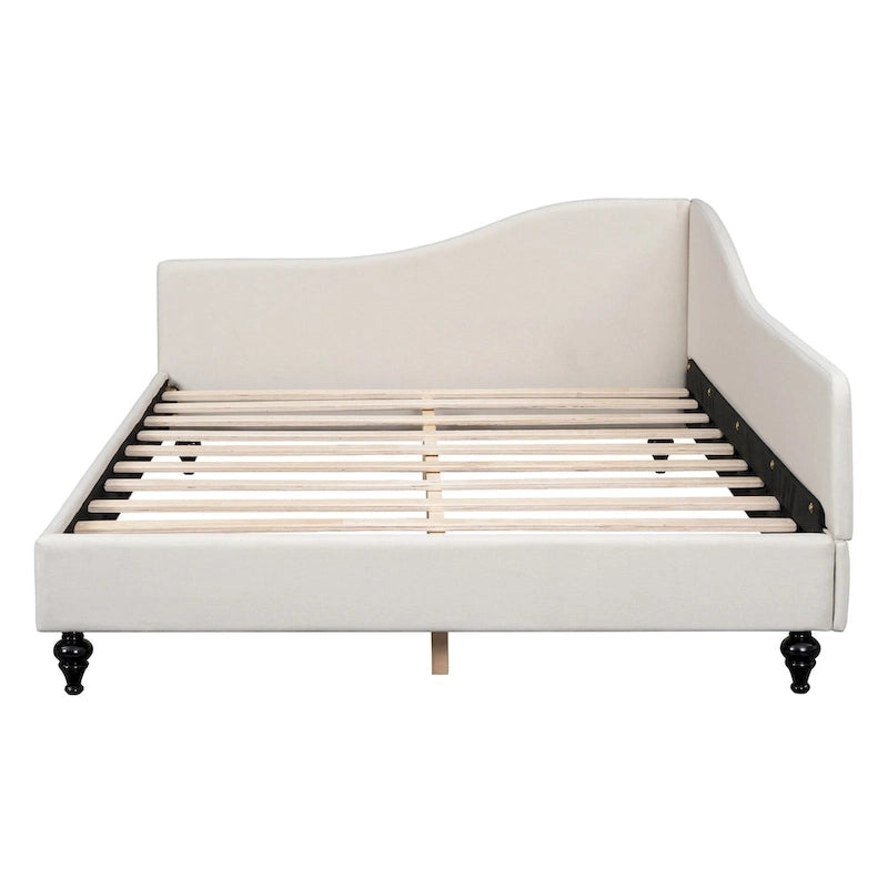Lit de repos en lin rembourré semi-fermé en L avec pieds en bois massif, gris et beige
