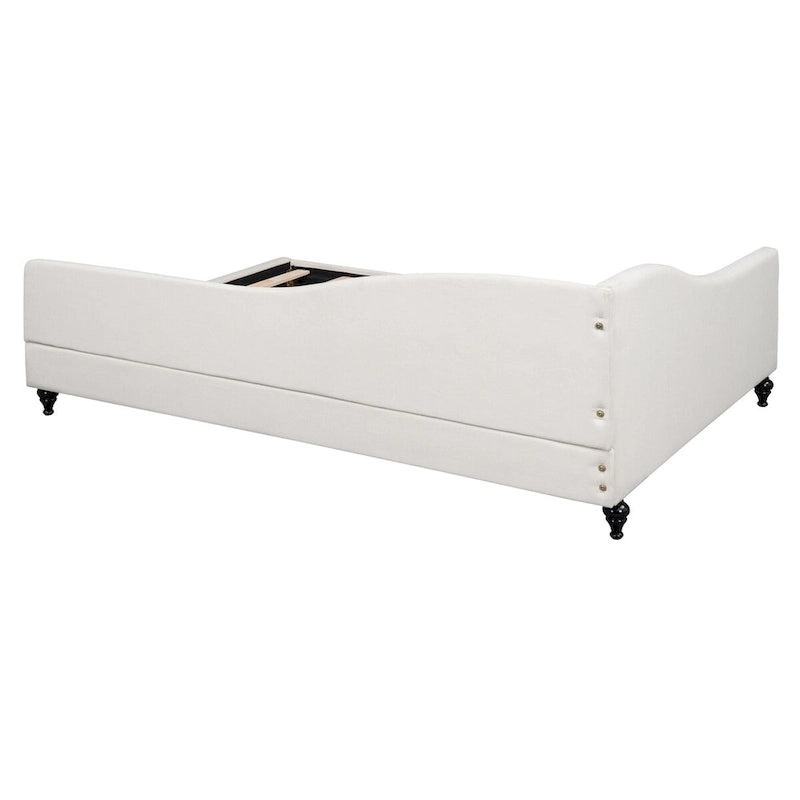 Lit de repos en lin rembourré semi-fermé en L avec pieds en bois massif, gris et beige