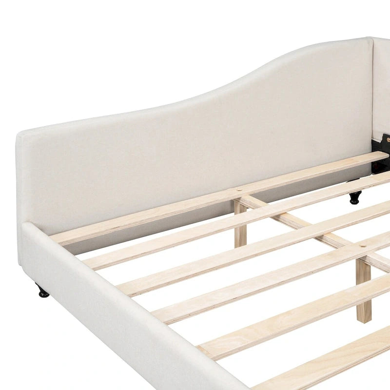 Lit de repos en lin rembourré semi-fermé en L avec pieds en bois massif, gris et beige