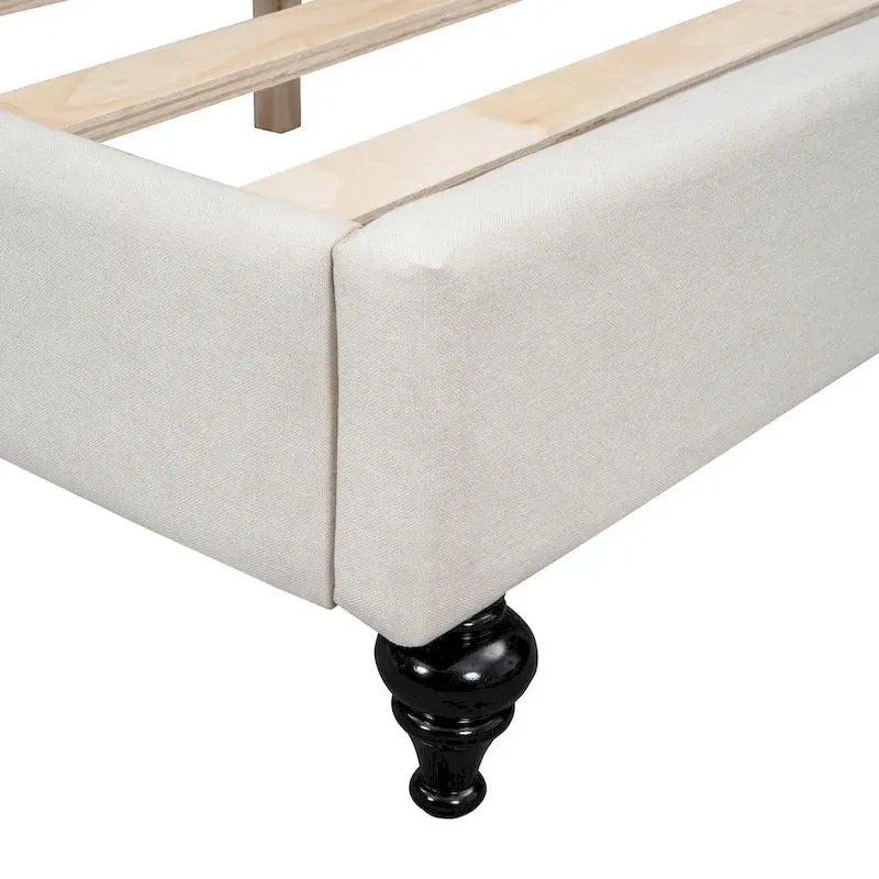 Lit de repos en lin rembourré semi-fermé en L avec pieds en bois massif, gris et beige