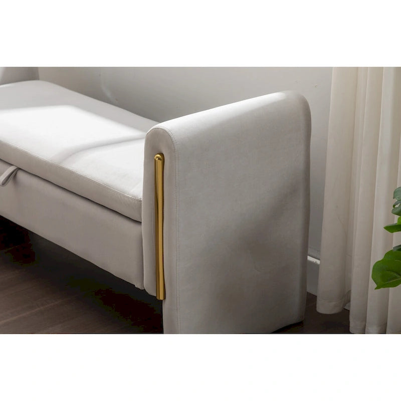 Banc de rangement capitonné avec bordure en métal doré, velours ivoire et gris