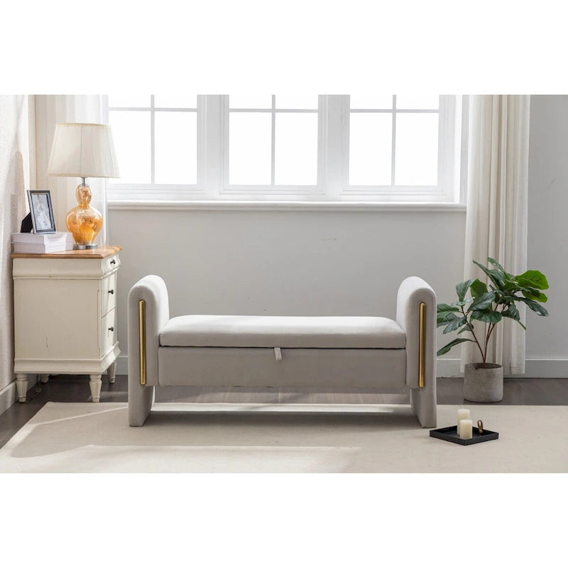 Banc de rangement capitonné avec bordure en métal doré, velours ivoire et gris