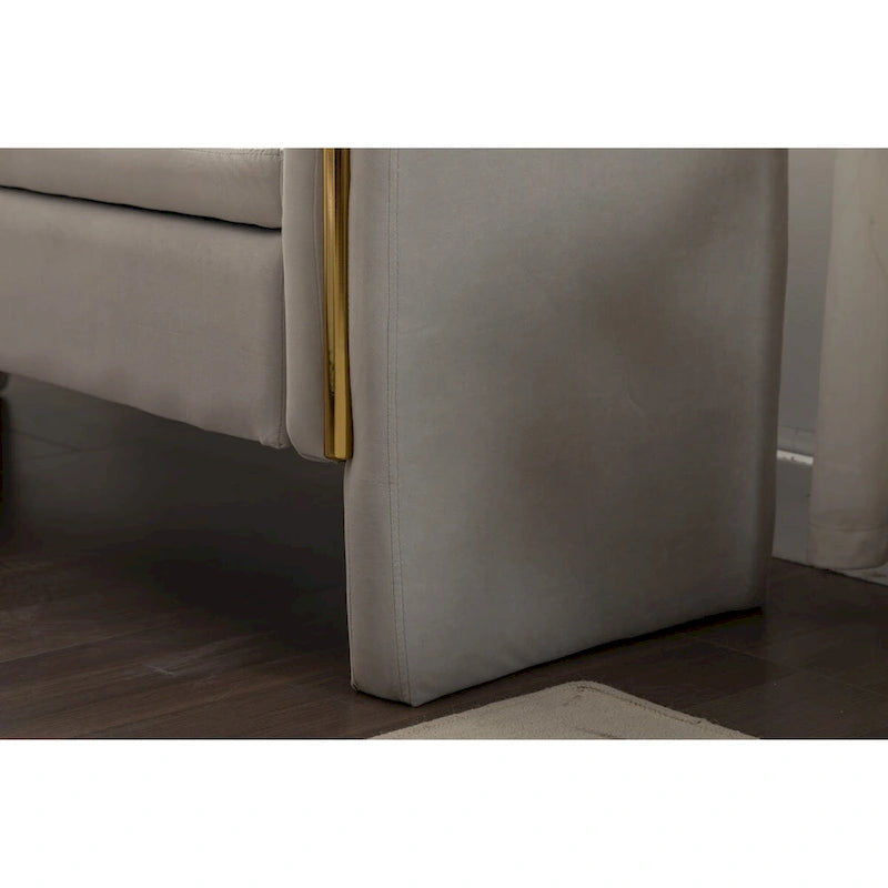 Banc de rangement capitonné avec bordure en métal doré, velours ivoire et gris