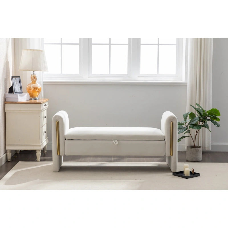 Banc de rangement capitonné avec bordure en métal doré, velours ivoire et gris