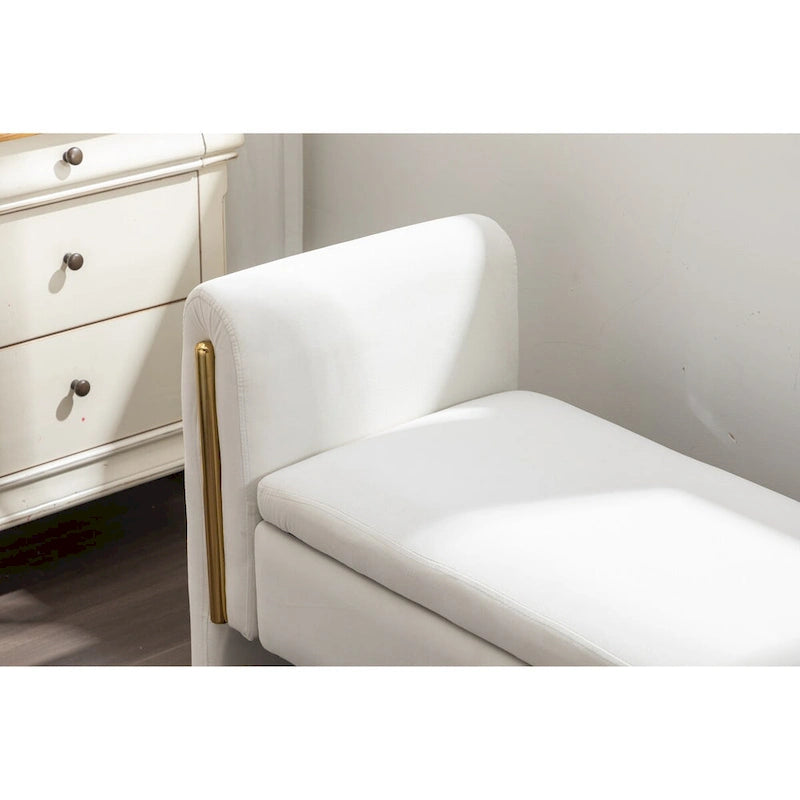 Banc de rangement capitonné avec bordure en métal doré, velours ivoire et gris