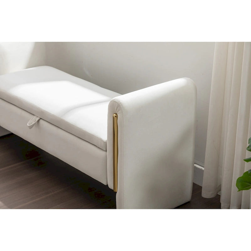 Banc de rangement capitonné avec bordure en métal doré, velours ivoire et gris