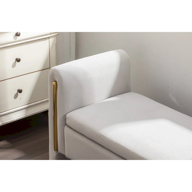 Banc de rangement capitonné avec bordure en métal doré, velours ivoire et gris