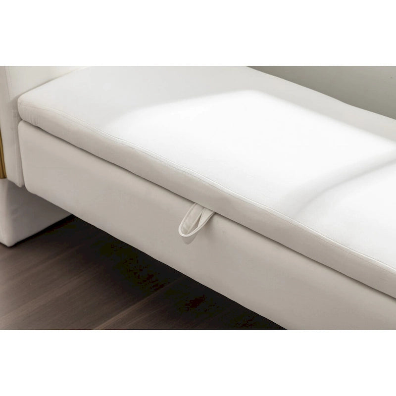 Banc de rangement capitonné avec bordure en métal doré, velours ivoire et gris