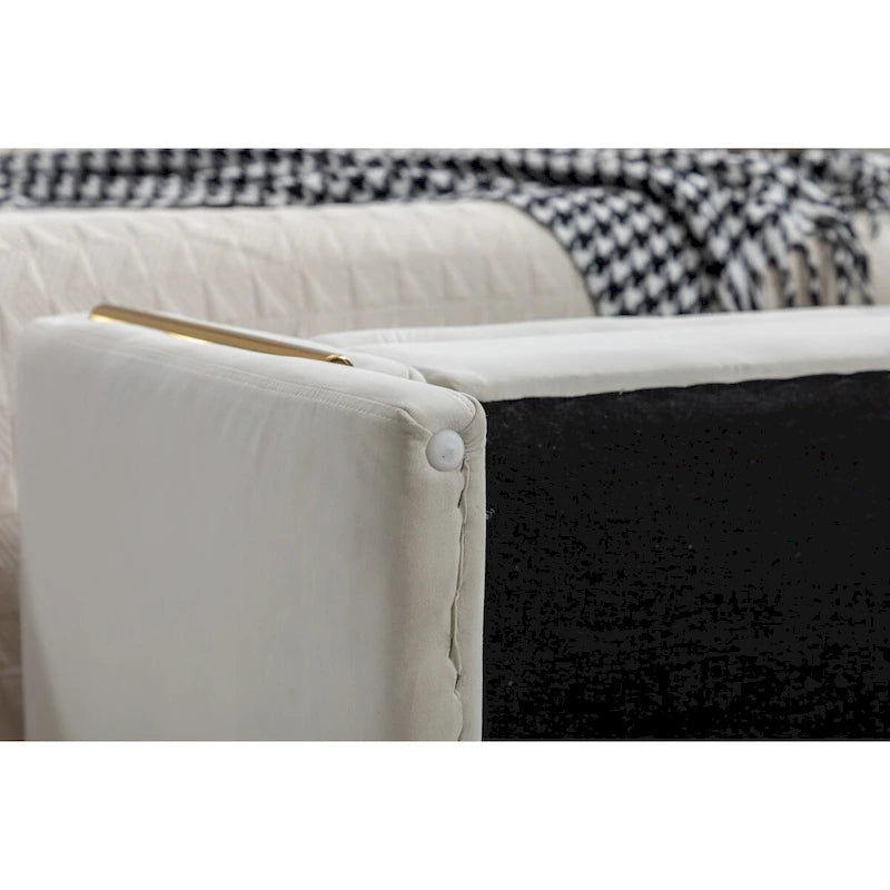 Banc de rangement capitonné avec bordure en métal doré, velours ivoire et gris