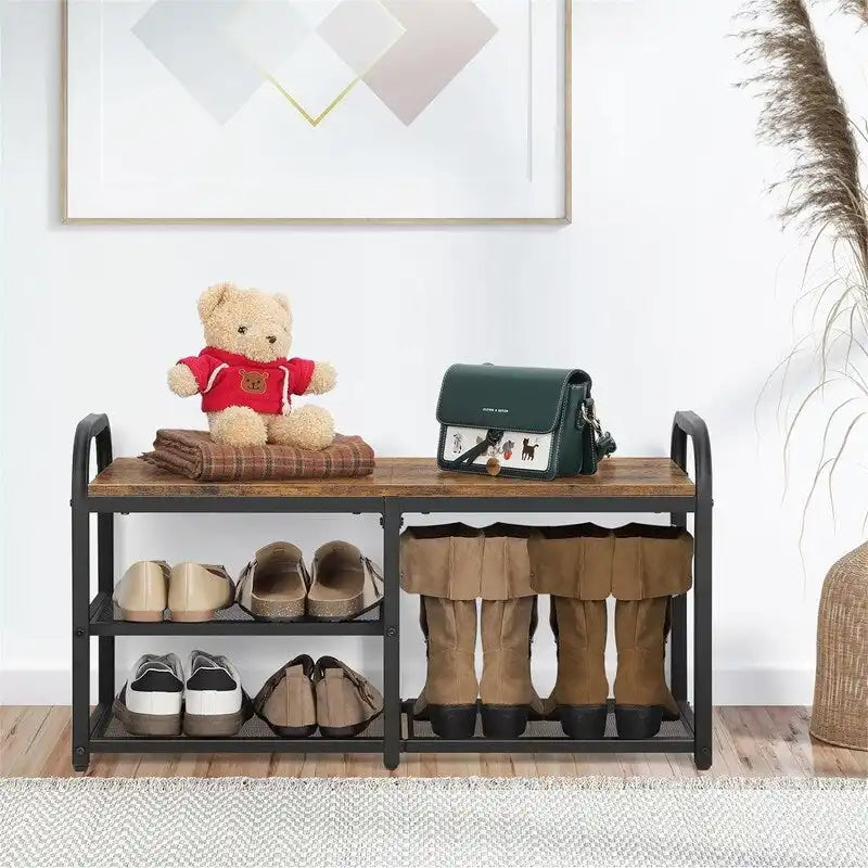 Banc porte-chaussures industriel avec étagères de rangement marron