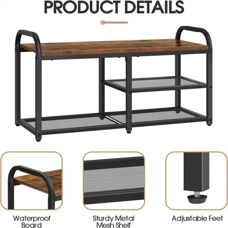 Banc porte-chaussures industriel avec étagères de rangement marron