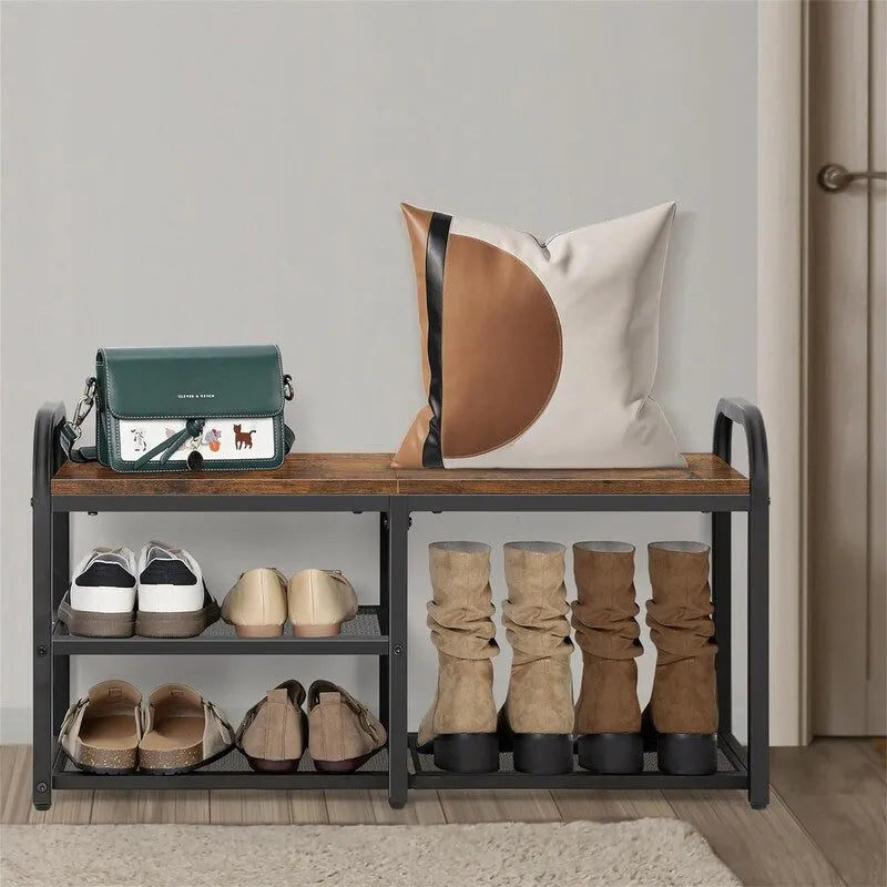Banc porte-chaussures industriel avec étagères de rangement marron
