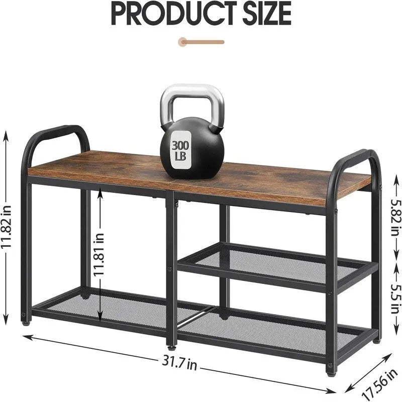 Banc porte-chaussures industriel avec étagères de rangement marron