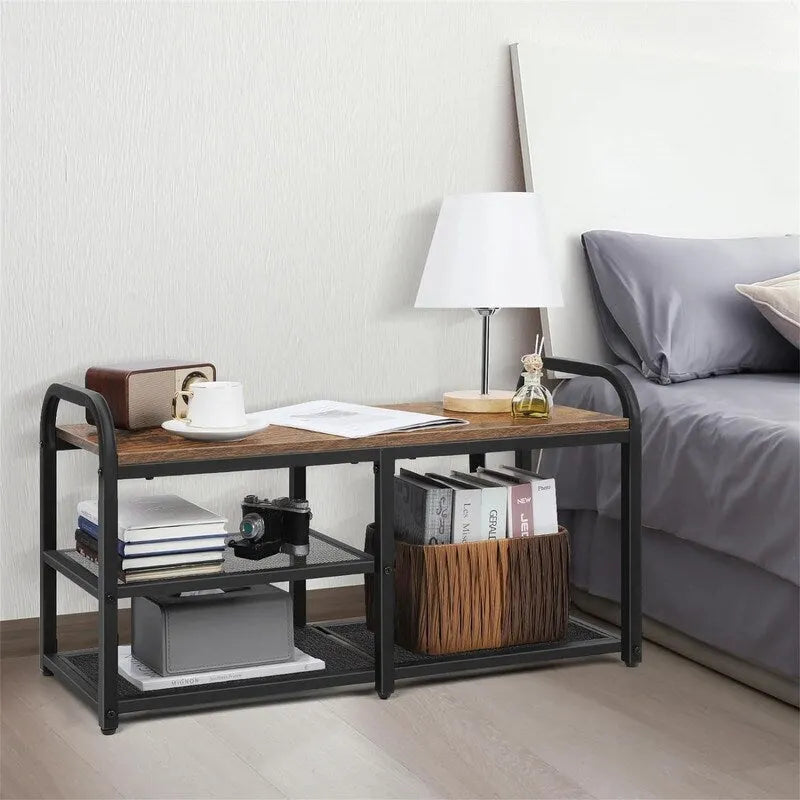 Banc porte-chaussures industriel avec étagères de rangement marron