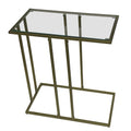 Table d'appoint en forme de C avec plateau en verre transparent et cadre en métal doré antique