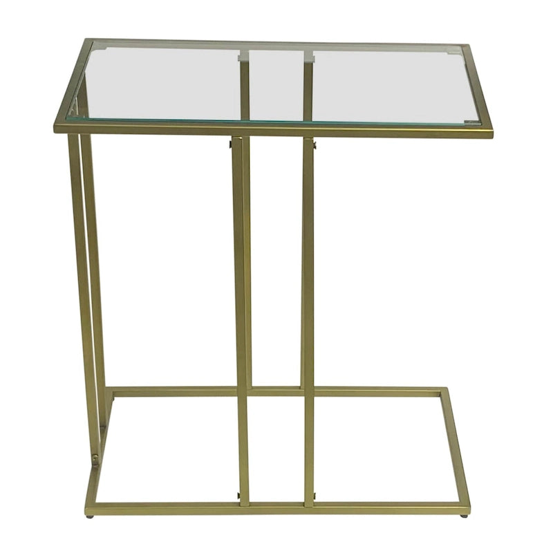 Table d'appoint en forme de C avec plateau en verre transparent et cadre en métal doré antique