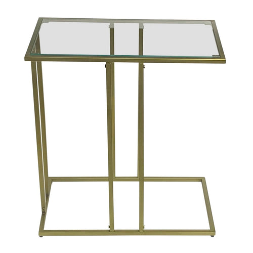 Table d'appoint en forme de C avec plateau en verre transparent et cadre en métal doré antique