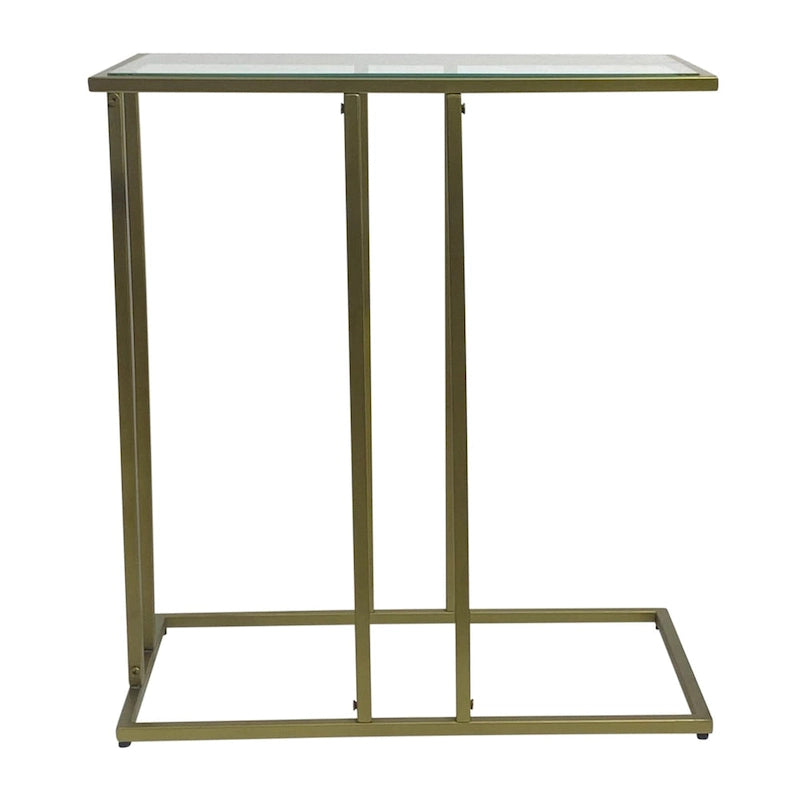 Table d'appoint en forme de C avec plateau en verre transparent et cadre en métal doré antique