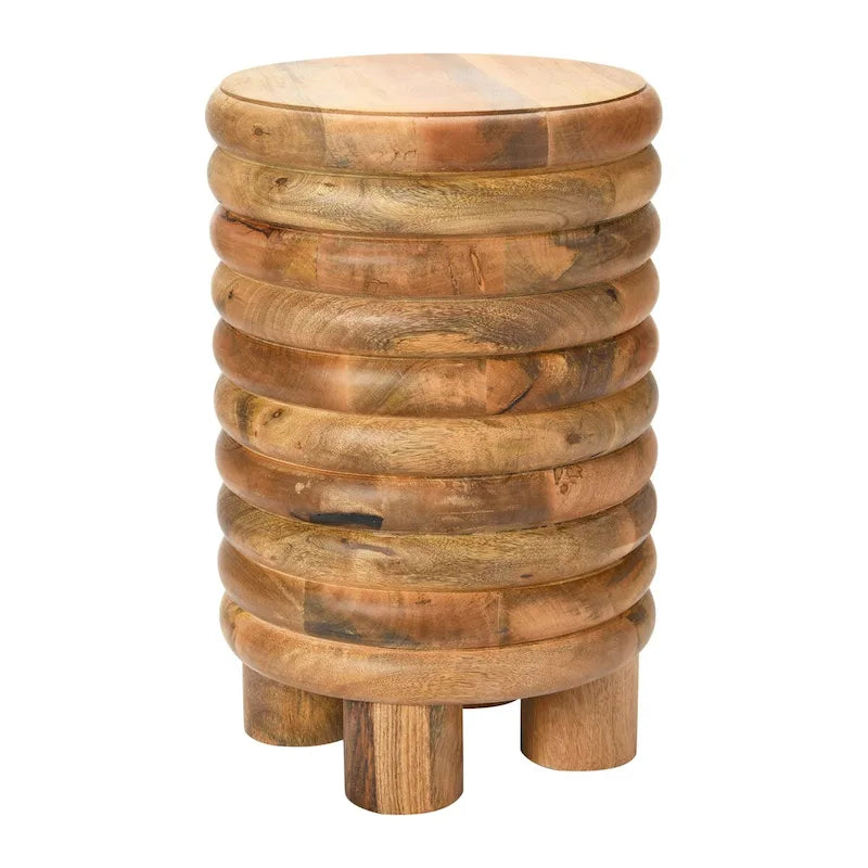 Tabouret d'appoint rond en bois massif nervuré, finition naturelle