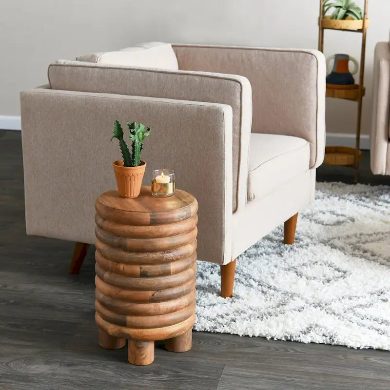 Tabouret d'appoint rond en bois massif nervuré, finition naturelle
