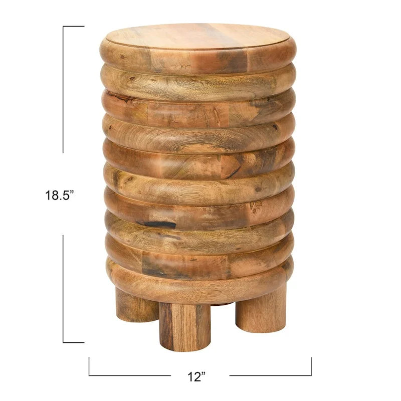Tabouret d'appoint rond en bois massif nervuré, finition naturelle