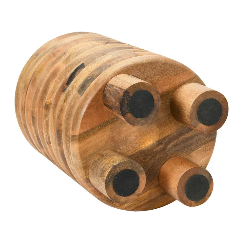 Tabouret d'appoint rond en bois massif nervuré, finition naturelle