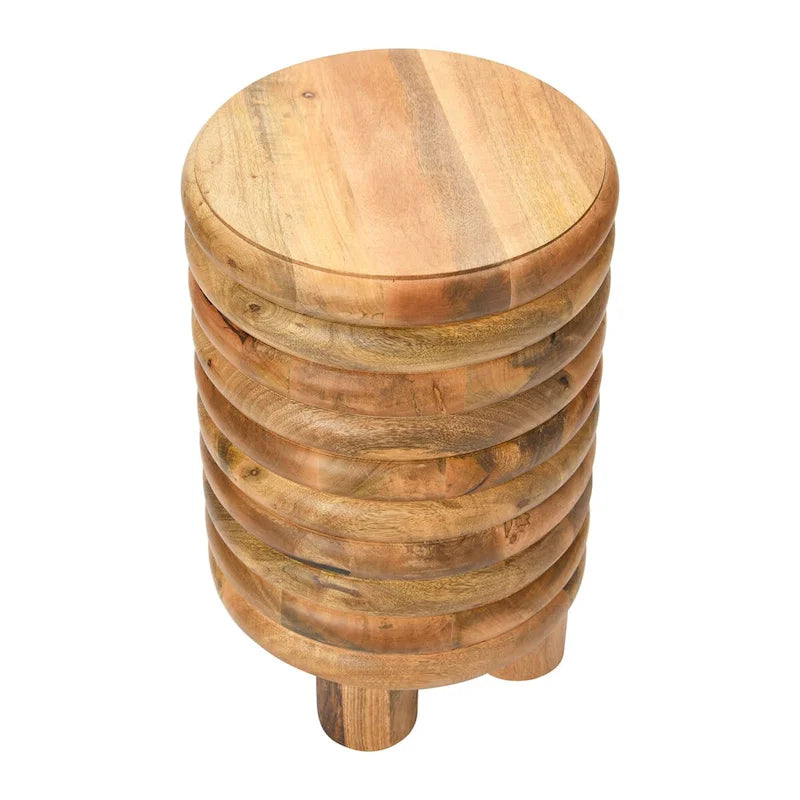 Tabouret d'appoint rond en bois massif nervuré, finition naturelle