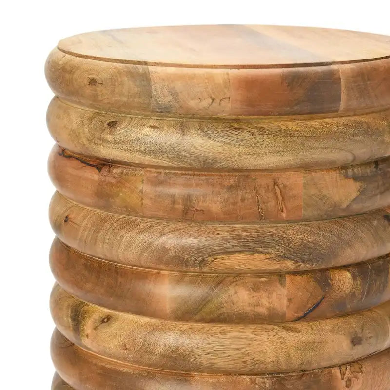 Tabouret d'appoint rond en bois massif nervuré, finition naturelle