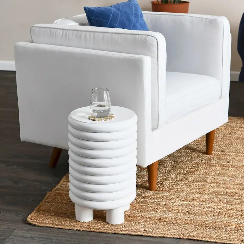 Tabouret d'appoint rond en bois massif nervuré, finition naturelle