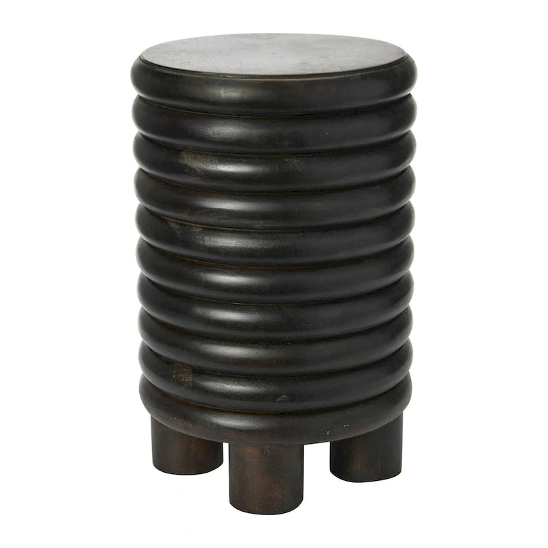 Tabouret d'appoint rond en bois massif nervuré, finition naturelle