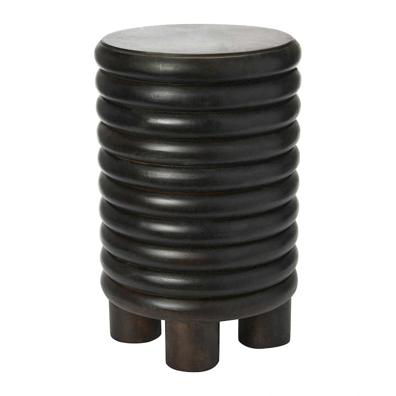 Tabouret d'appoint rond en bois massif nervuré, finition naturelle