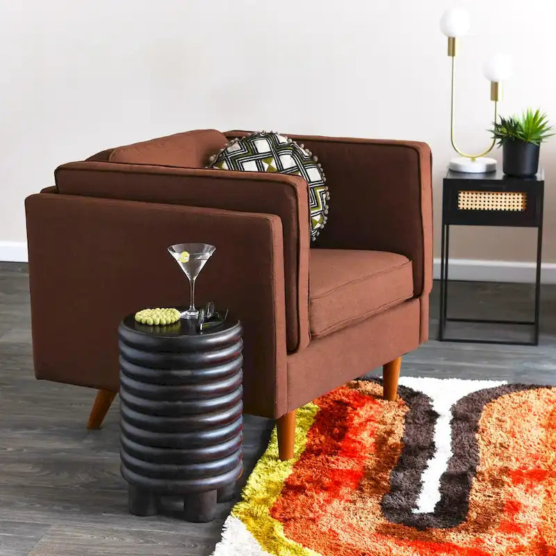 Tabouret d'appoint rond en bois massif nervuré, finition naturelle