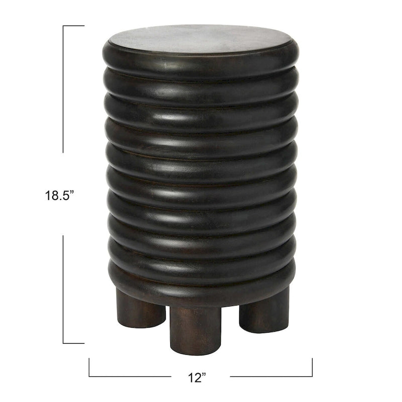 Tabouret d'appoint rond en bois massif nervuré, finition naturelle
