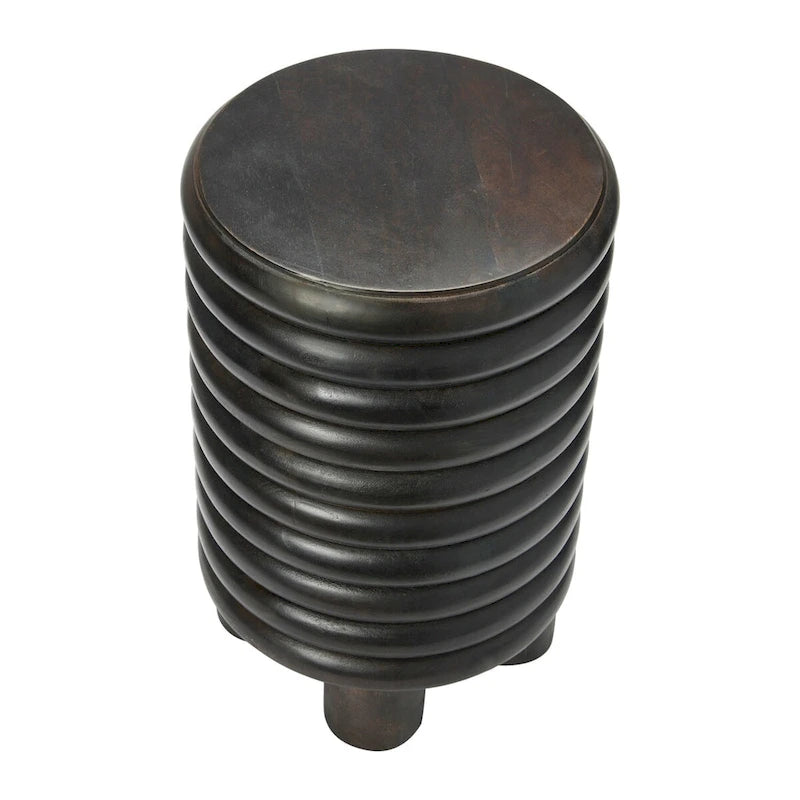Tabouret d'appoint rond en bois massif nervuré, finition naturelle