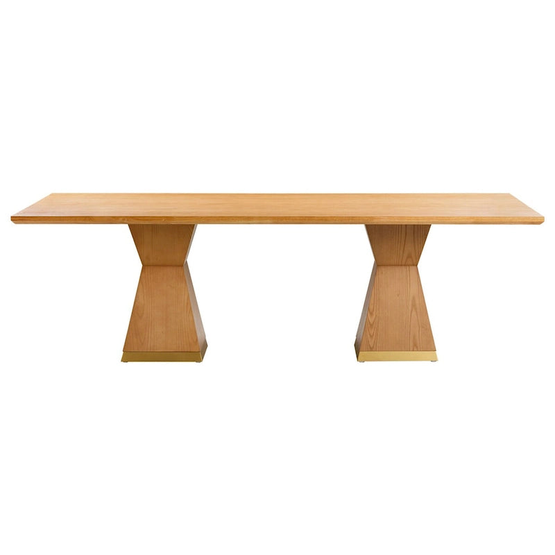 Table à manger rectangulaire en bois naturel avec piédestal double géométrique en laiton