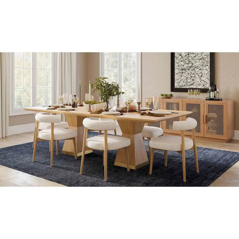 Table à manger rectangulaire en bois naturel avec piédestal double géométrique en laiton
