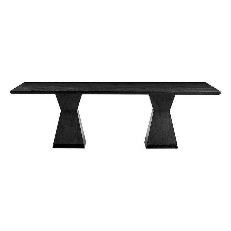 Table à manger rectangulaire en bois naturel avec piédestal double géométrique en laiton