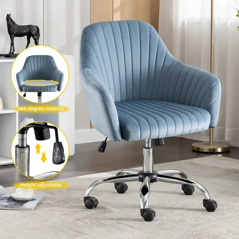 Fauteuil de bureau pivotant en velours avec hauteur réglable et roulettes