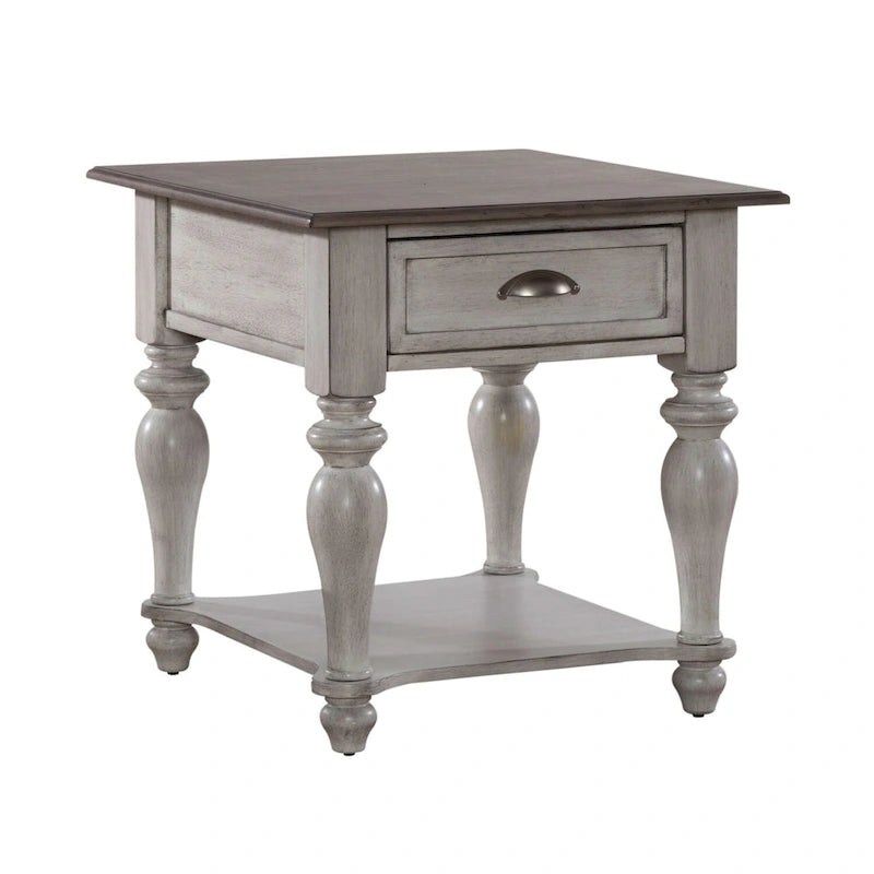 Table d'appoint avec tiroir en pin vieilli blanc antique et étagère inférieure